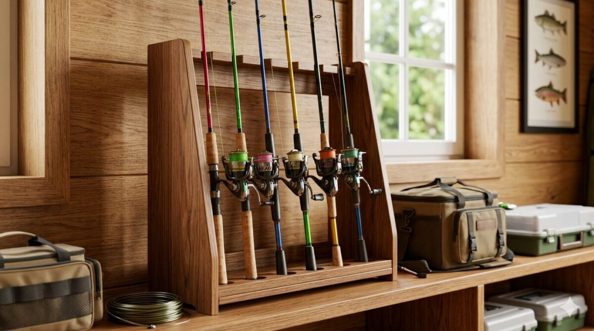 室内で整頓されたDIY釣竿立ての様子