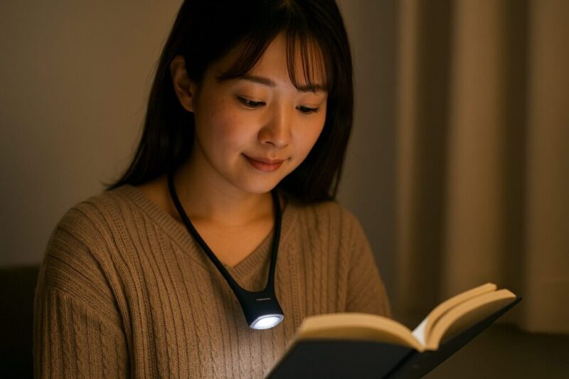 室内で読書する日本人女性の胸元に首掛けライトが点灯し、ページを均一に照らしている様子。