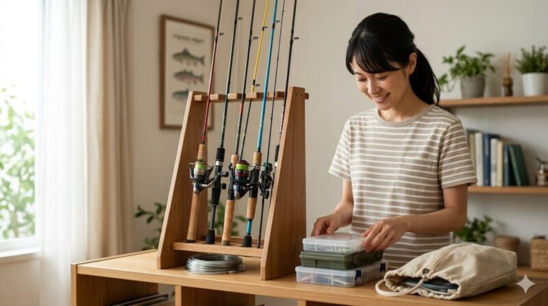 室内インテリアになじむおしゃれな木製ロッドスタンド