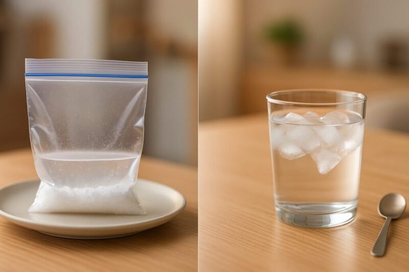 家庭でできる湿度・温度の校正手順を示す、飽和食塩の袋と氷水カップの写真。