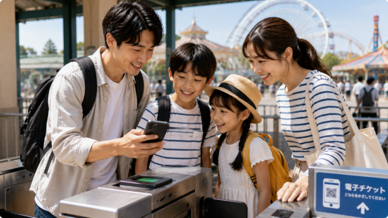 家族でスマホの電子チケットを確認してレジャー施設へ入場する様子