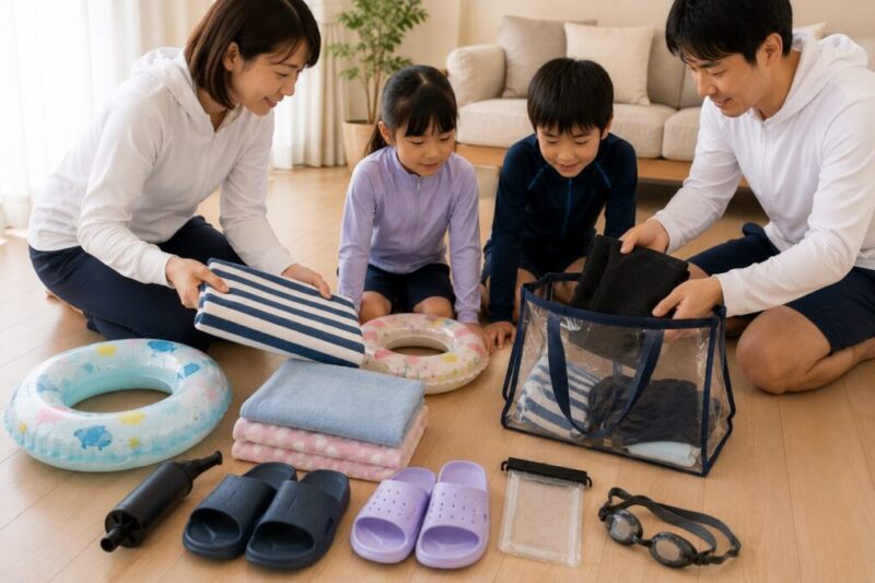 家族でプールへ行く前に浮き輪やタオルなどの荷物を整理するイメージ