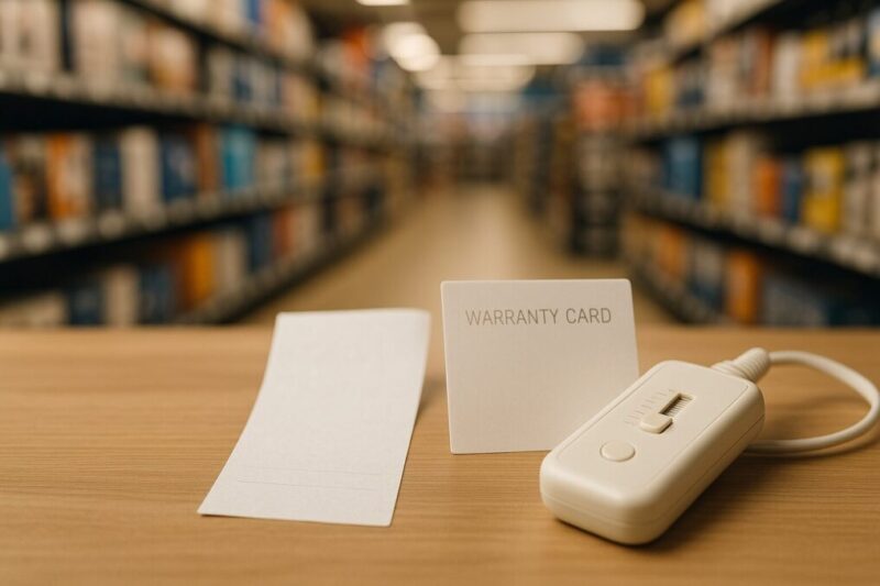 家電量販店で保証や付属品を確認して電気毛布を選ぶイメージ