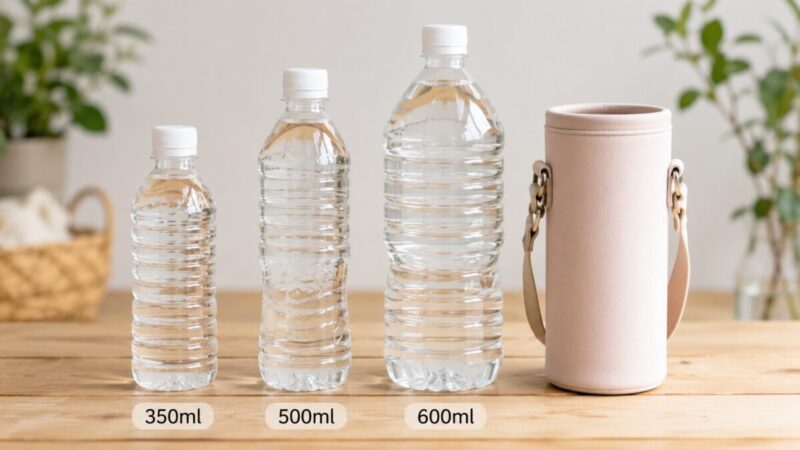 容量の違うペットボトルと円筒型ホルダーのサイズ比較