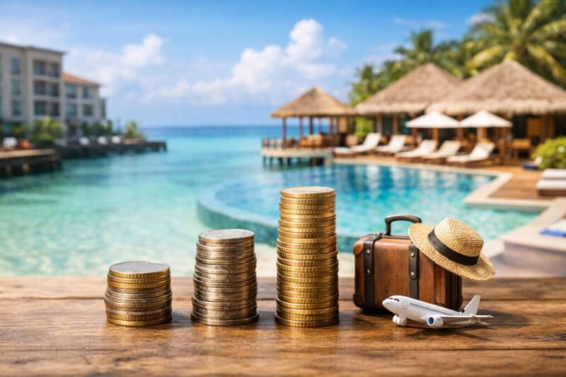 宿泊費の違いを比較するイメージとして、海辺のリゾート風景の前にコインが並ぶビジュアル