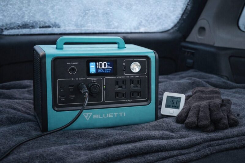 寒い季節にポータブル電源を冷やしすぎないよう管理するイメージ