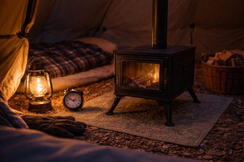 寝る前に火を終わらせて安全距離を取るイメージ