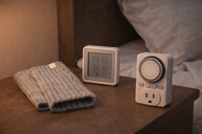 寝る前の冷え対策と温めすぎ防止を意識した安全チェックのイメージ