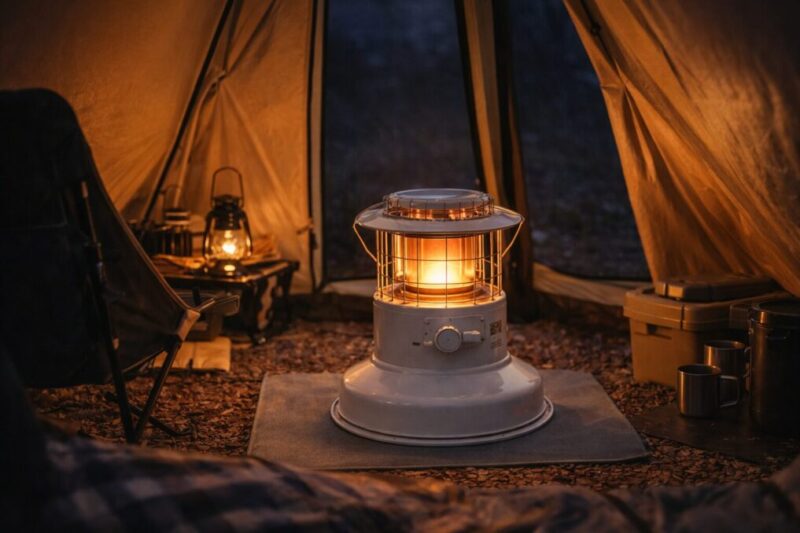 対流型ストーブをキャンプで安全距離を確保して使うイメージ