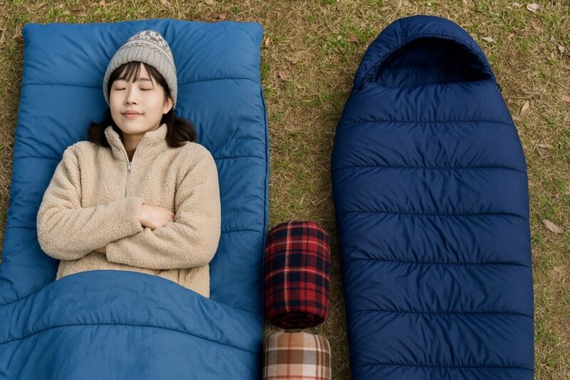 封筒型でくつろぐ人と、隣に置いたマミー型を並べた使用イメージの比較写真