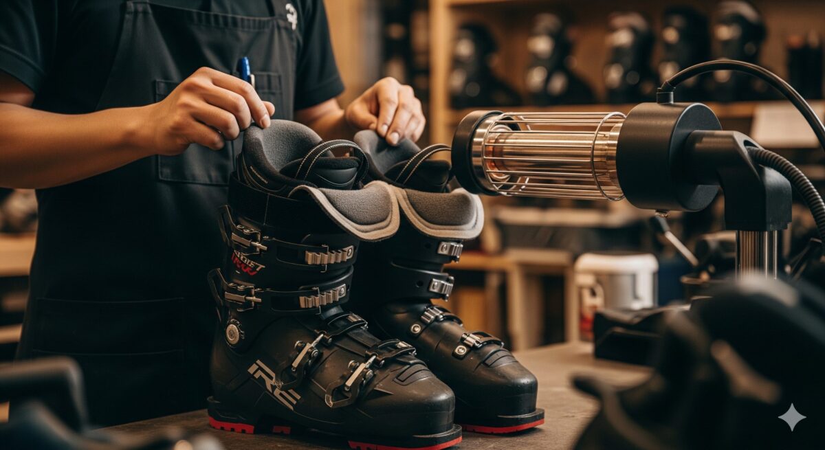 専門ショップの作業場にて、スキーブーツのフィット感を高めるための熱成形を行っている様子。黒