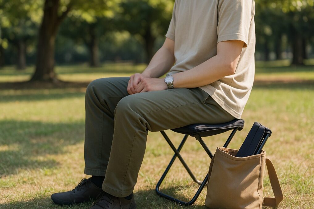 小さなバッグにも入るmimireの折りたたみ椅子（300g）を公園で使う様子