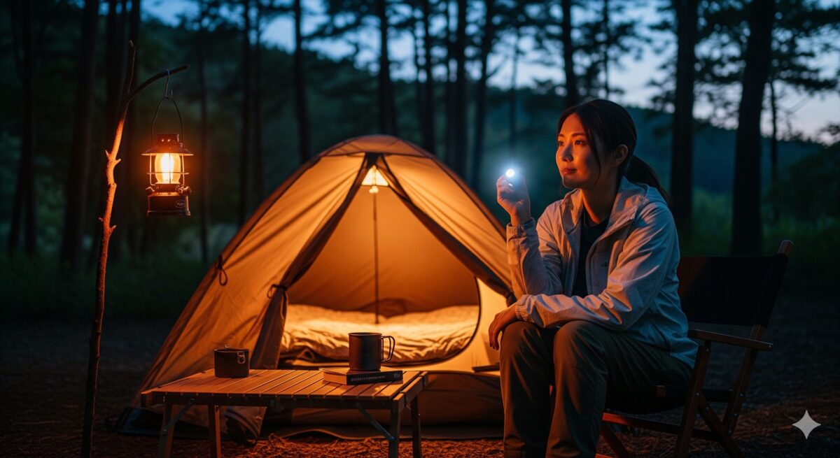 小さな懐中電灯を手に、落ち着いた様子で周囲を確認しながら、自分だけの安心できる空間と向き合っている様子。