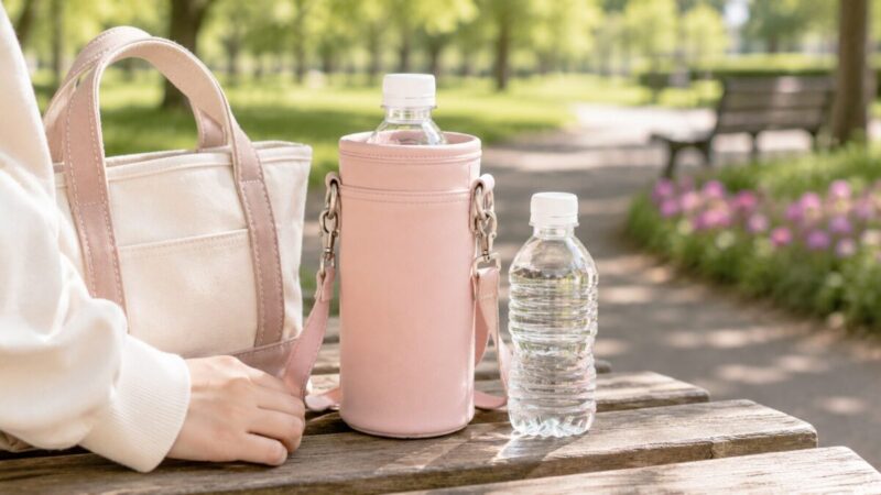 小さめのペットボトルと淡いピンクの保温保冷ホルダーを散歩用に並べた様子
