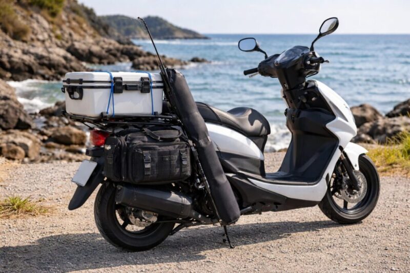 小型クーラーやタックルバッグを積んだ釣り仕様のスクーター全体イメージ