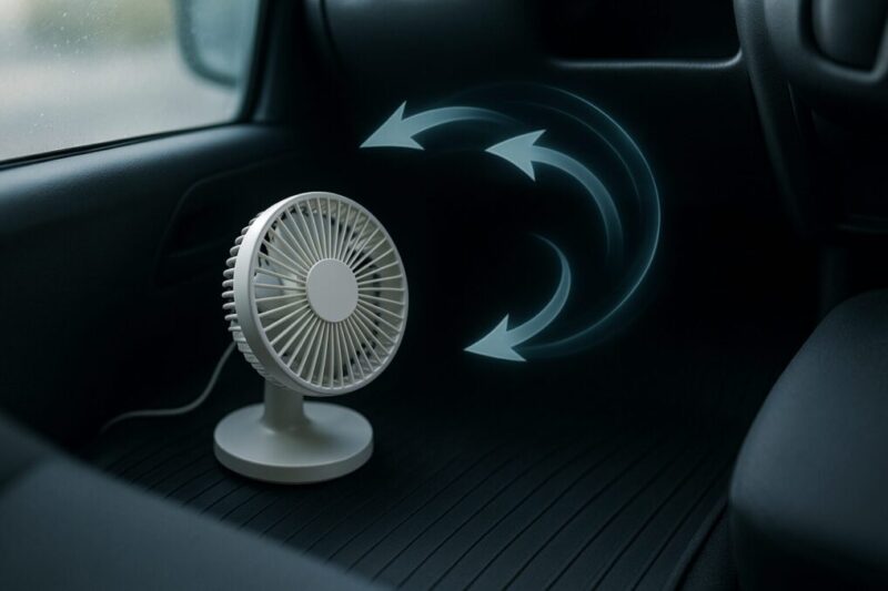 小型ファンで車内の空気を循環させて結露の曇り戻りを抑えるイメージ。