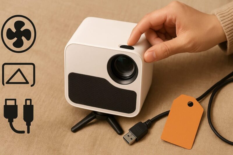 小型プロジェクターの前で日本人の手が調整を行い、HDMIUSB-Cケーブルと無地の価格タグが置かれた、コスパ重視モデル選びのイメージ。