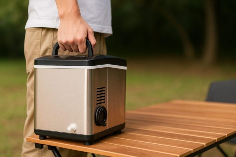 小型製氷機を片手で持ち運ぶ様子。静音・軽量・据え付けやすい筐体条件を示すイメージ。