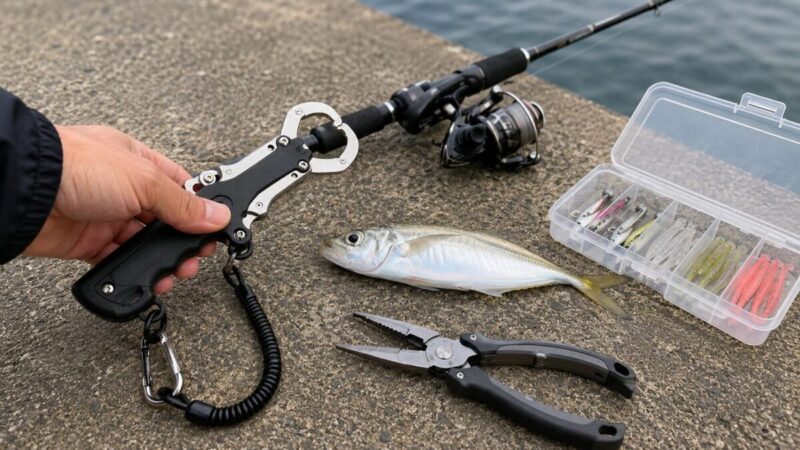 小型魚向けのフィッシュグリップとライトゲーム用の釣り道具を並べたイメージ