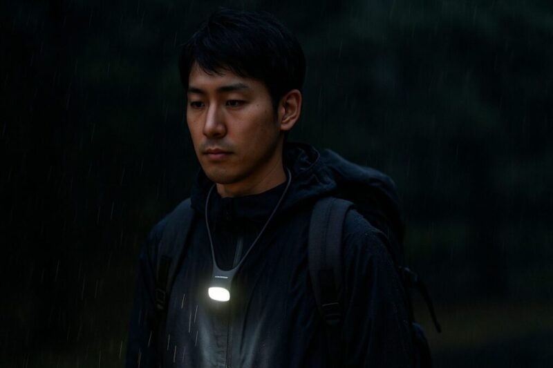 小雨の夜道で日本人男性が首掛けライトを点灯し、胸元の光で足元と手元を確認している様子