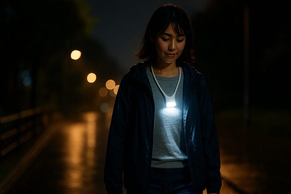 小雨の夜道を歩く日本人女性の胸元で、無地の首掛けライトがやわらかく点灯して足元を照らしている様子。