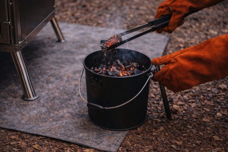 就寝前に火種を火消し壺へ移し、安全に消火している様子。