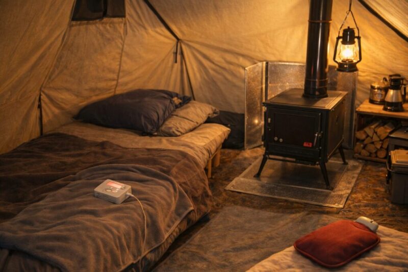 就寝前に薪ストーブの火を落とし、別暖房へ切り替えているテント内の様子