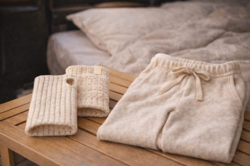 就寝前後や車中泊で肌当たり重視のウォーマーを使うイメージ