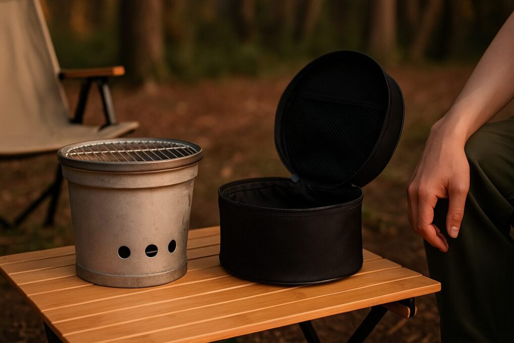 尾上の七輪と黒い丸型ケースを木製テーブルに並べた夕暮れのキャンプ風景