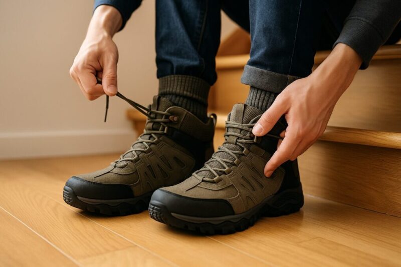 屋内でヒールロックを結ぶ日本人の手元。実店舗の代わりに自宅でフィッティングを再現するイメージ