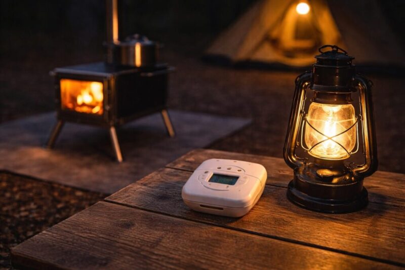 屋外でも一酸化炭素対策としてCO警報器を準備しているイメージ。