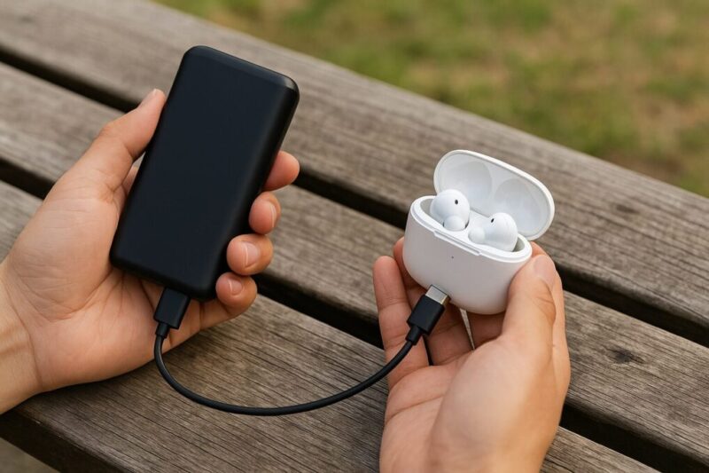 屋外でモバイルバッテリーからイヤホンケースに給電している手元イメージ