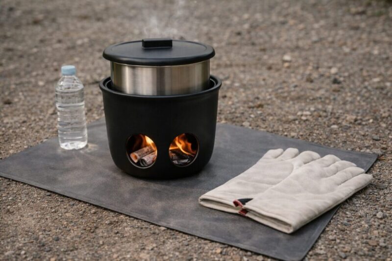 屋外で安全に直火調理をするための準備を整えたイメージ。