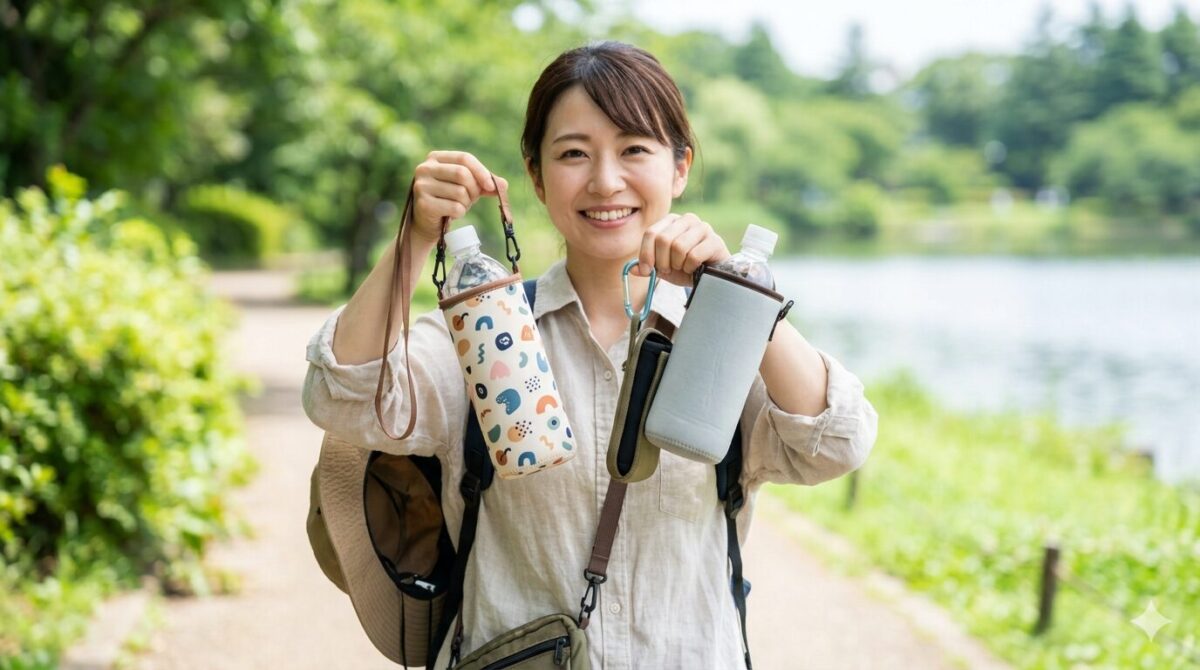 屋外で様々なペットボトルホルダーを持つ女性