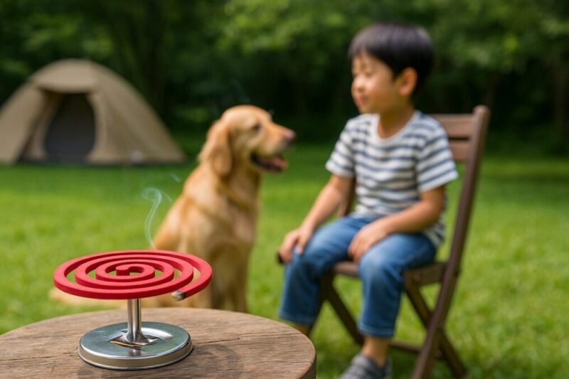 屋外で渦巻き線香をテーブルに置き、子どもと犬を離した位置に配置した安全な使い方のイメージ。