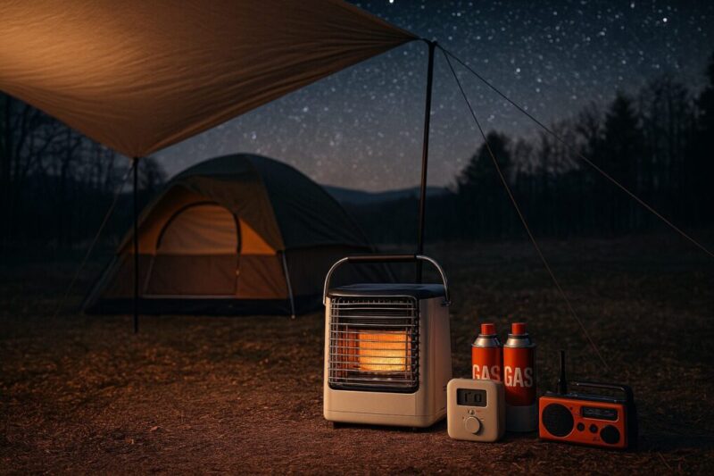屋外のタープ下で安全にカセットガスストーブを使い、防災グッズも用意しているキャンプシーン。