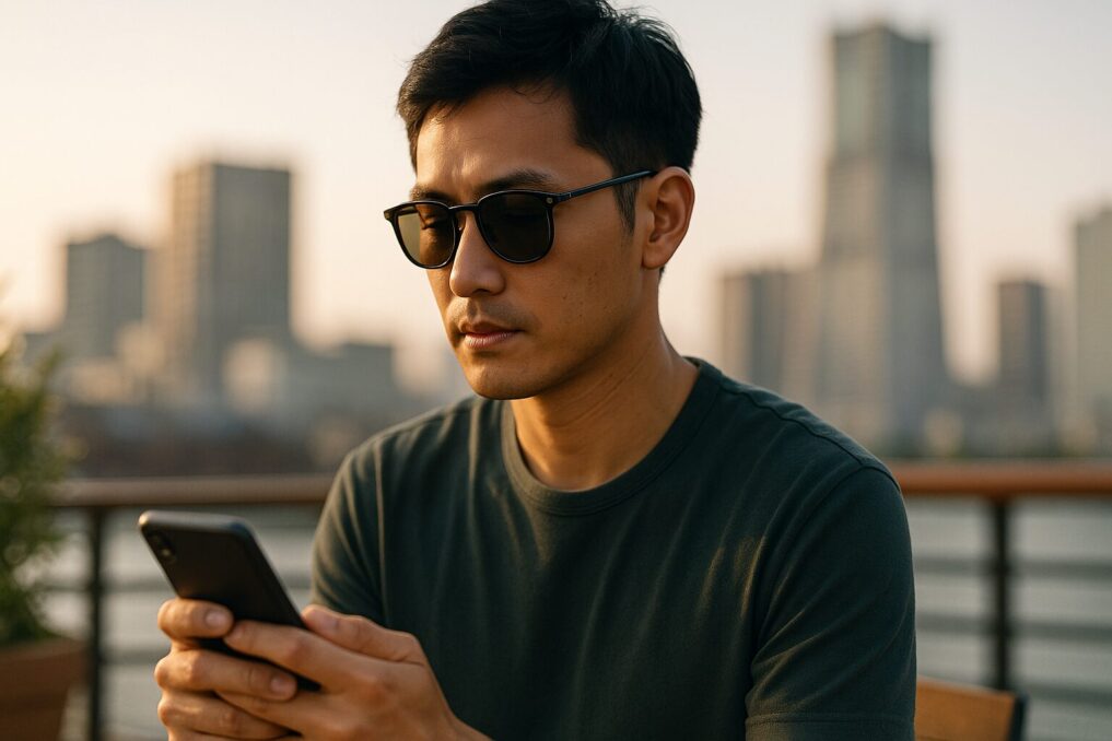 屋外のテラスで偏光サングラスをかけた人がスマホ画面を見るシーンイメージ