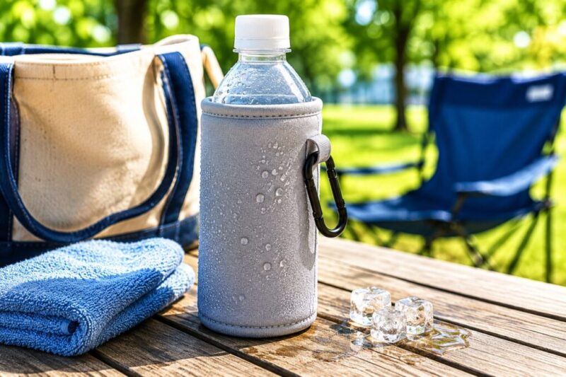 屋外のテーブルに結露したペットボトル入りカバーとタオル、保冷バッグを並べた様子
