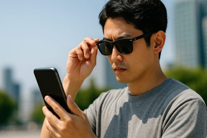 屋外の強い日差しの下、日本人男性が汎用サングラスでスマホをのぞき込み、画面がやや黒く落ちる“偏光干渉”を表現イメージ