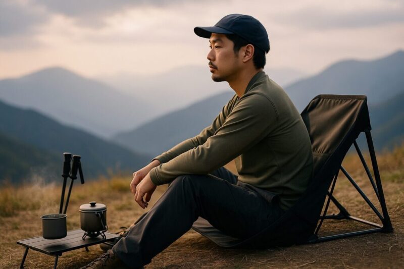 山の稜線で日本人ハイカーが黒い軽量座椅子を使い、隣に登山ギアを置いて休憩している様子