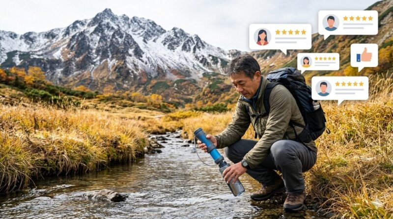 山岳地帯で日本人男性が携帯浄水器を使い、その性能に対するユーザーの5つ星評価と高評価のアイコン。