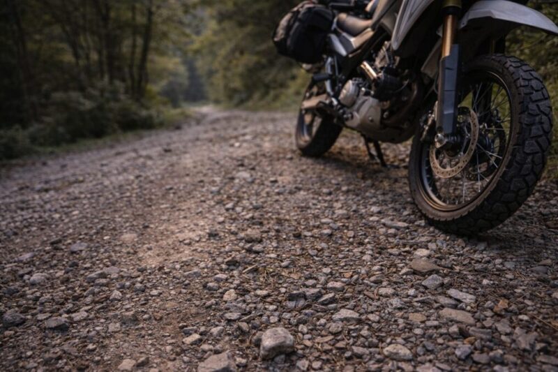 山道に入る前に停車し、砂利まじりの路面とタイヤの状態を確認している様子
