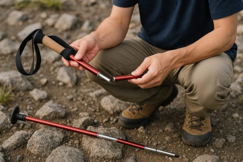 岩場で折りたたみ式トレッキングポールを一本ずつ組み立てているハイカーの手元。