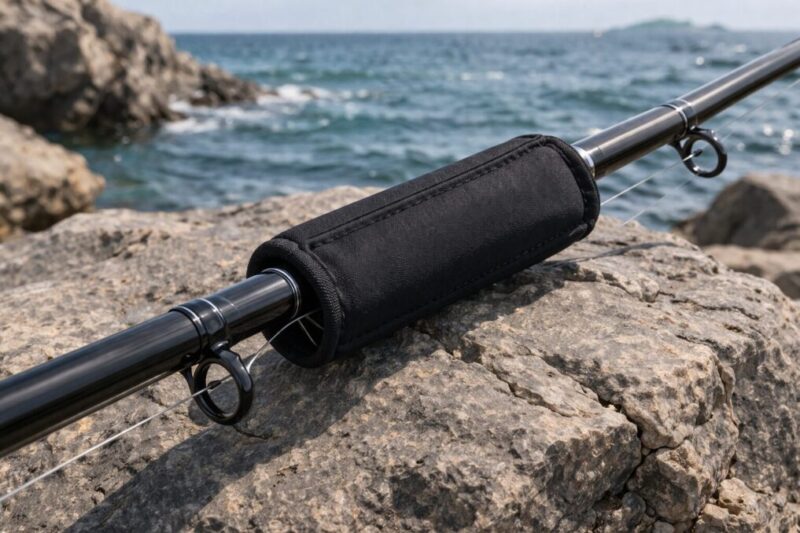岩場に置いた釣竿の先端を保護カバーで守っているイメージ
