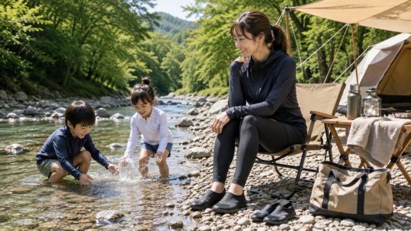 川遊びやキャンプで乾きやすい長袖ラッシュガードを着たママのイメージ