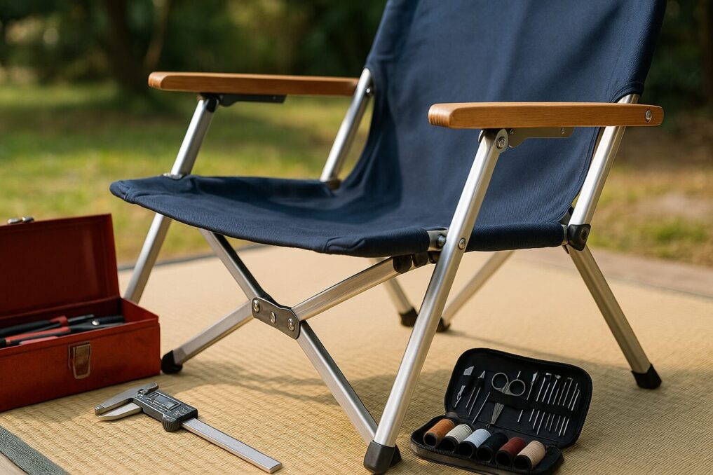 工具と計測器をそろえた屋外作業シーンで、無地キャンプチェアの修理準備を示すイメージ