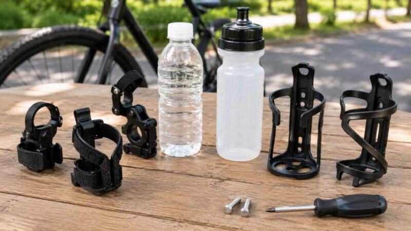 工具なしタイプとボトルケージ型の自転車用ドリンクホルダーを比較して選ぶ様子