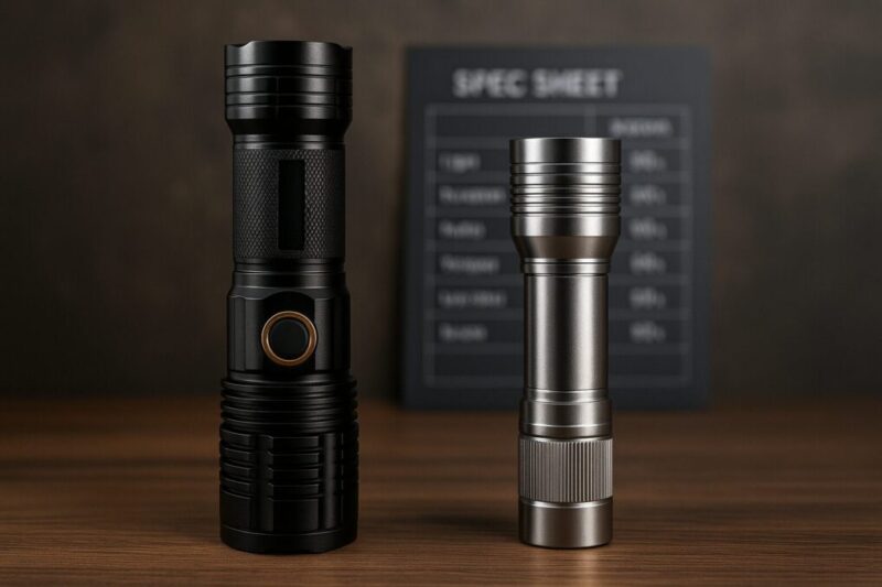 左にshadowhawk風ライト、右に日本メーカーの無地ハイエンドライトを並べ、背景に簡易スペック表のボード