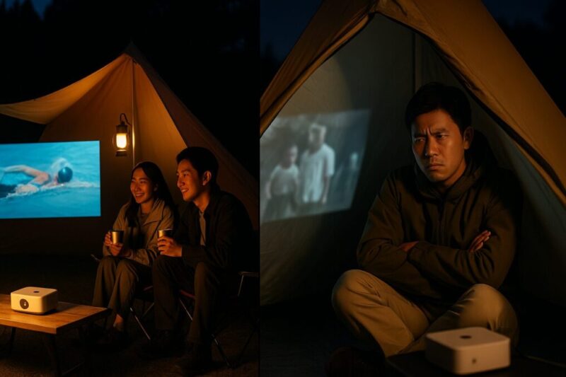 左は内向き小画面・ヘッドホンで成功、右は外向き高輝度・音量過多で失敗を示す、キャンプのプロジェクター運用比較イメージ。