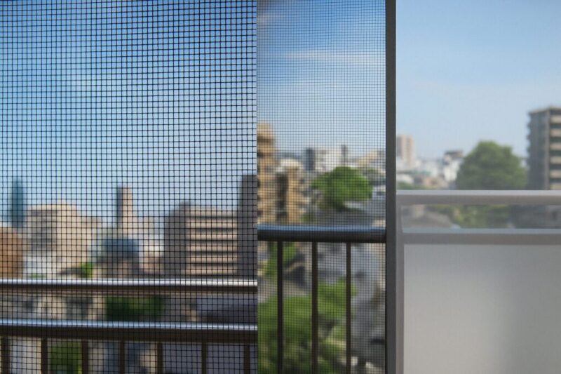 左パネル＝黒ネット越しのクリアな景色、右パネル＝グレー（やや目隠し）と白（強い目隠し）の比較イメージ